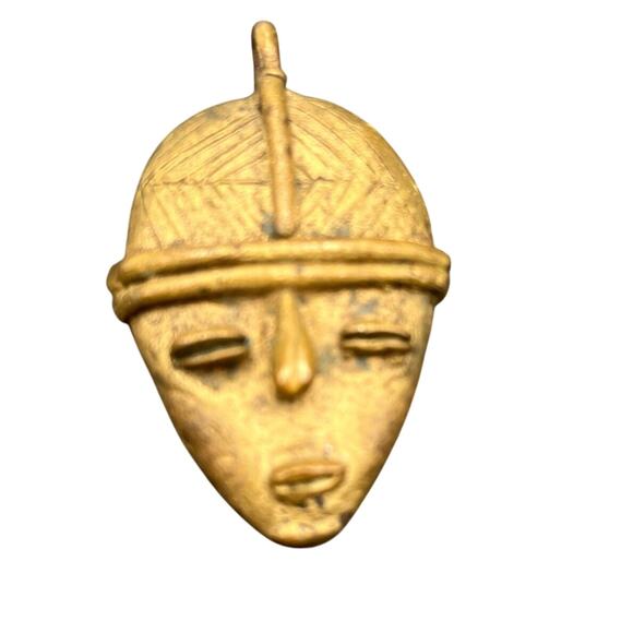 Tribal African Brass Face Mask Molted Wax Primitive Carved Handmade Pendant - Picture 1 of 6
